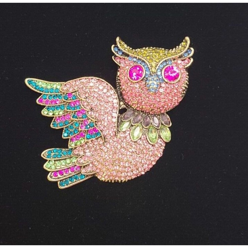 Large Pink and Green Rhinestone & Crystal Owl Brooch 3" Wide X 3" Long